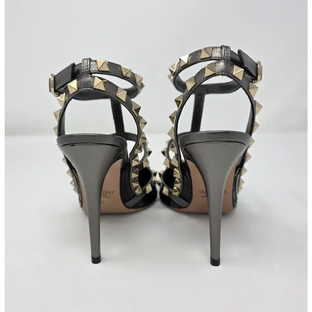Valentino Rockstud Slingback Heels Stud Black Sequin Strappy Gladiator Pump 37 7